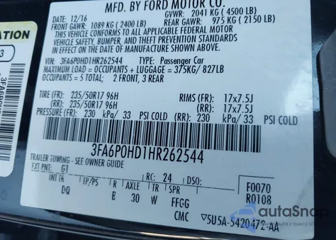 2017 Ford Fusion Se из США, поврежденный, VIN 3FA6P0HD1HR262544